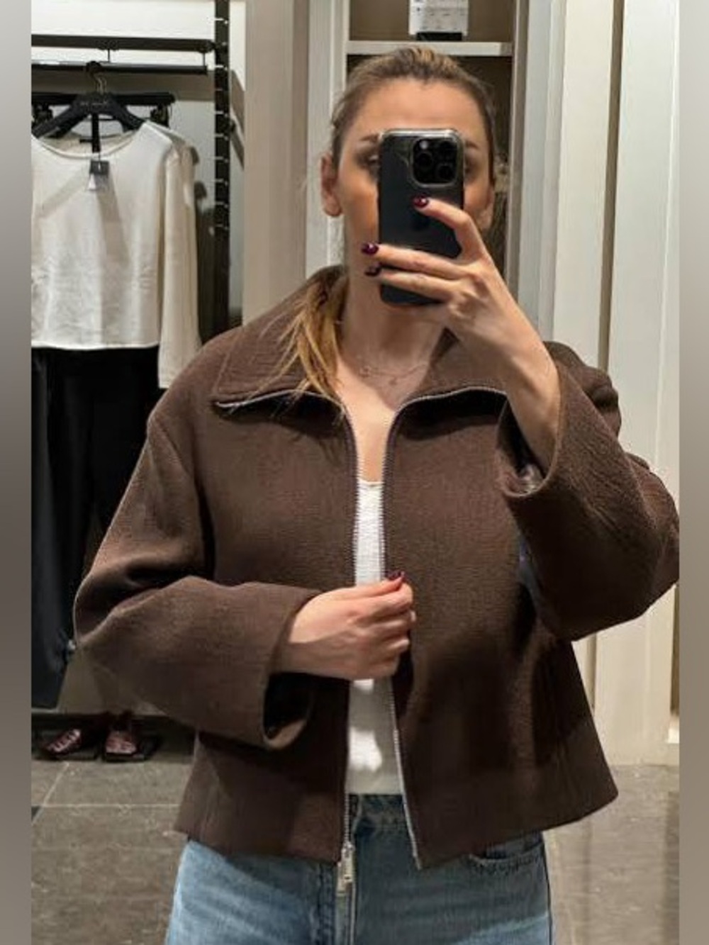 Massimo Dutti Brown Cropped Zip Jacket Women S NWT Boxy Oversized Collar - Picture 2 of 11